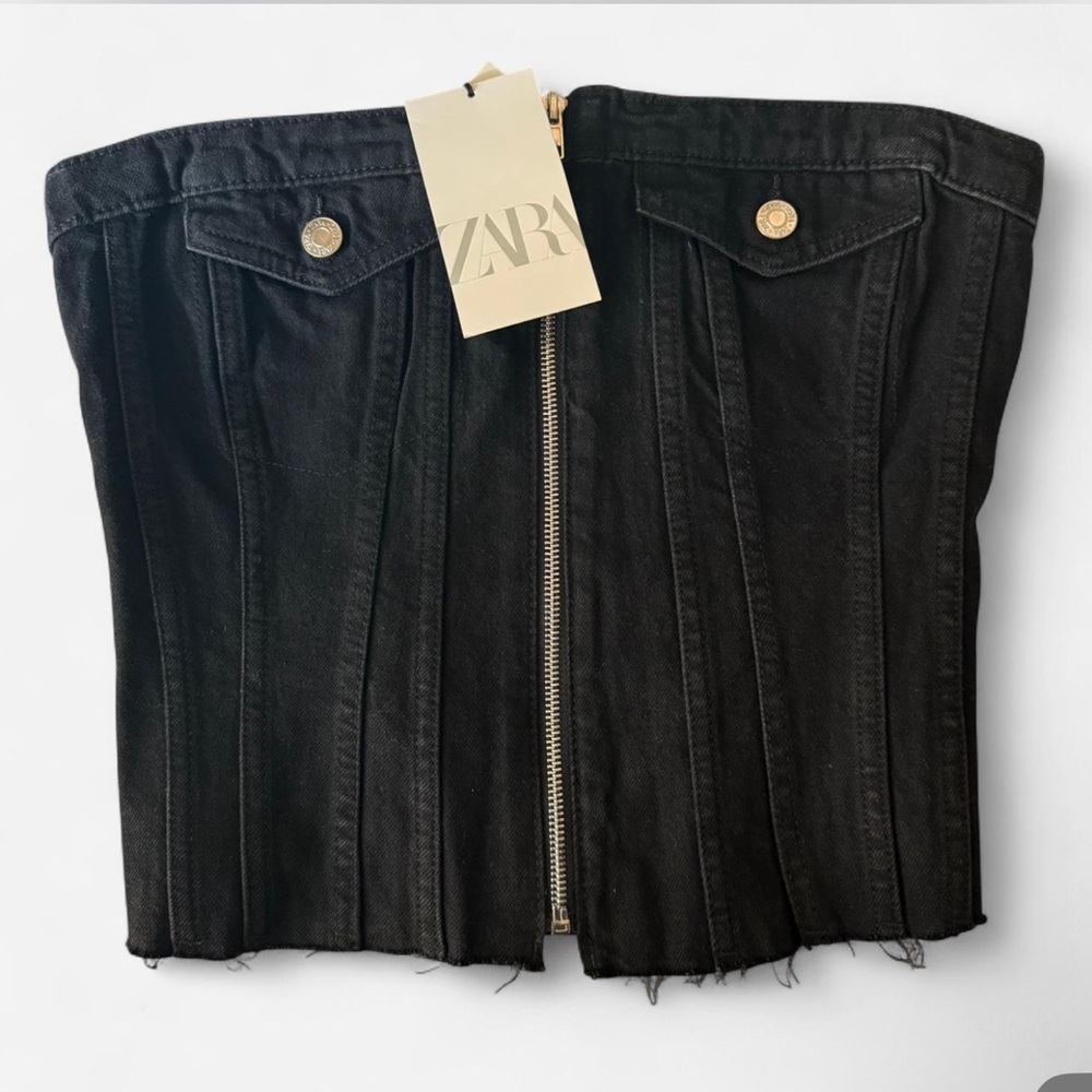 Zara Black Denim Front Zip Crop Top